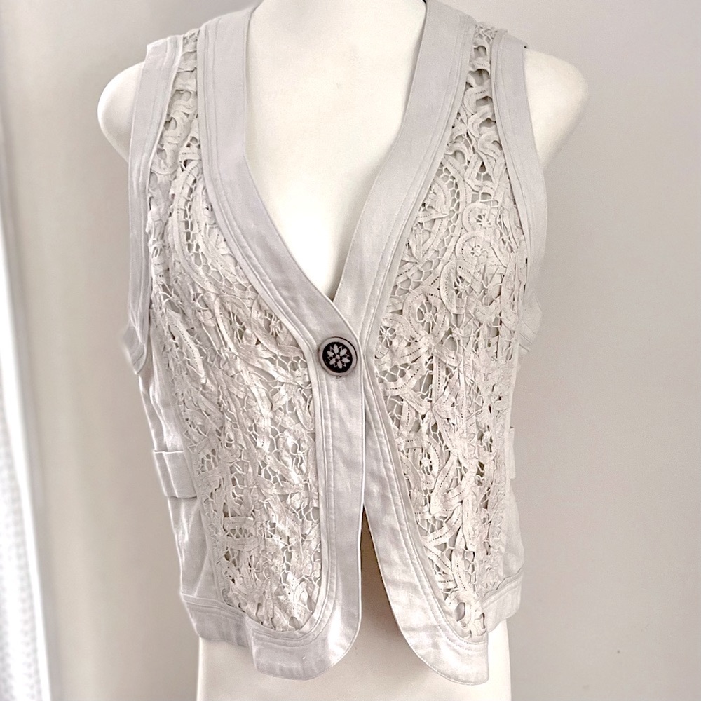 Coldwater Creek Cream Lace One Button Linen Vest